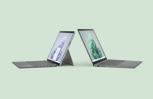 A Surface Pro 9 and Surface Laptop 5 are shown back to back, slightly angled.