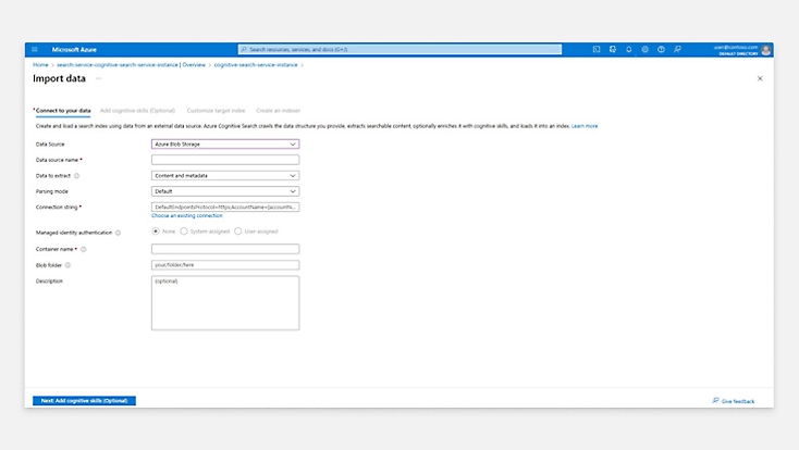 Un utente che importa e connette i dati in Azure 