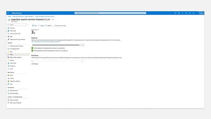 Escalar totales para un servicio de búsqueda en Azure que muestra números de réplicas y números de particiones 