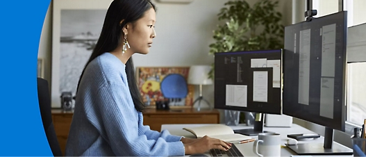 Eine Frau in blauem Sweatshirt arbeitet an einem Doppelbildschirm-Arbeitsplatz im Home-Office. Im Hintergrund sind Pflanzen sowie Kunst zu sehen.