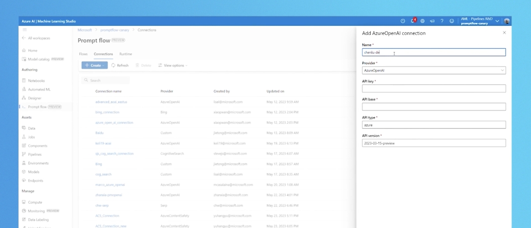 A window for Azure AI, machine learning studio with prompt flow opened