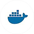 Icon of a blue whale with containers on its back, resembling a cargo ship.