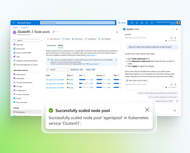 Auf der rechten Seite wird ein Fenster geöffnet, in dem der Kubernetes-Dienst in Microsoft Azure und Copilot geöffnet ist und die Schritte zum Hinzufügen von Knoten angezeigt werden.