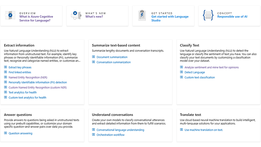 Vue d’ensemble des fonctionnalités dans Language Studio