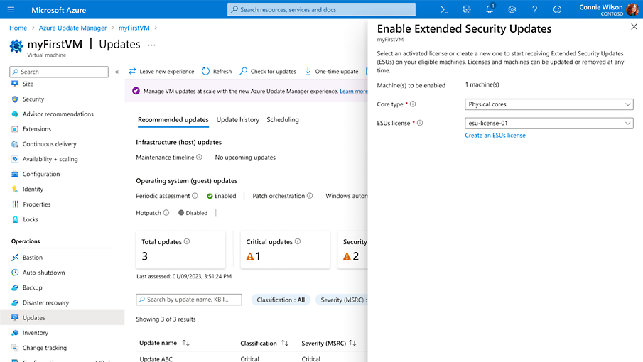 Dialog box opened to enable extended security updates in Azure Arc