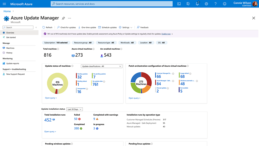 An overview in Update management center with graphs displaying machine update status by classification and more 