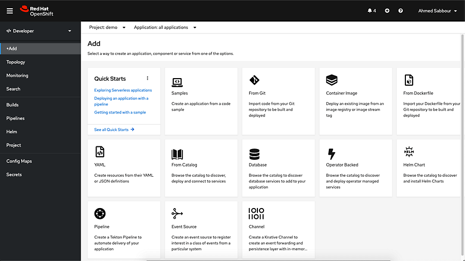 The screen to add an application, component or service in Red Hat OpenShift 