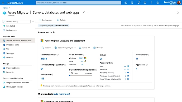 Ein Fenster für Azure Migrate, Ermittlung und Bewertung