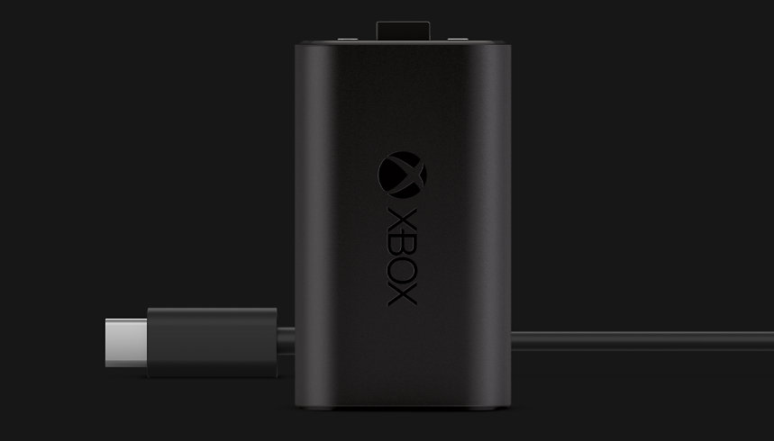 An Xbox rechargeable battery pack with a USB-C charging cord.