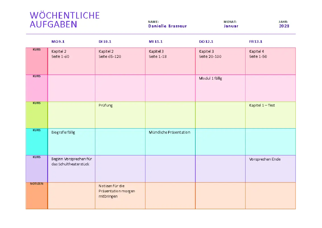 Wöchentlicher Aufgabenplan (farbig, Querformat) blue modern simple