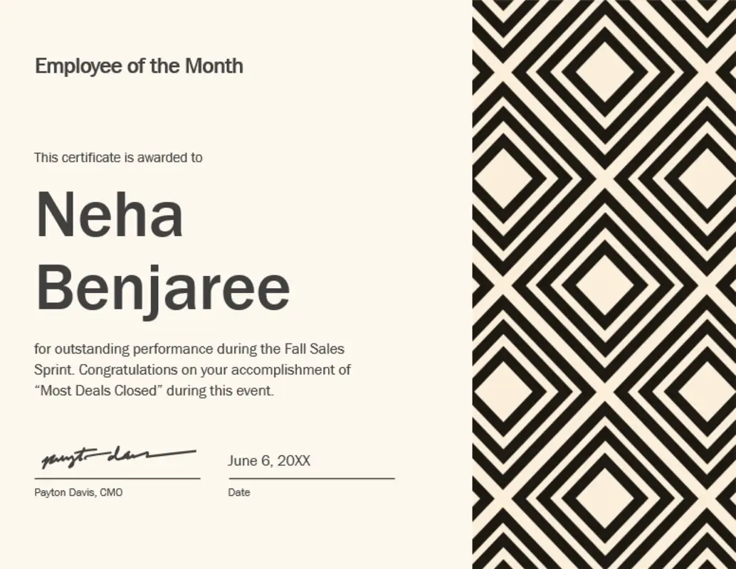 Diamond employee of the month certificate  yellow modern-geometric