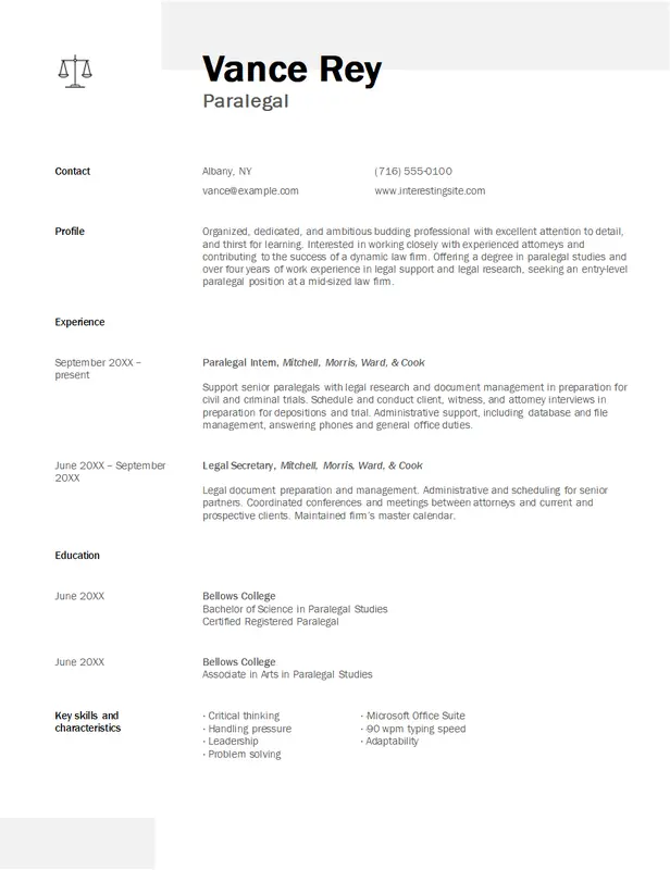 Paralegal resume gray modern simple