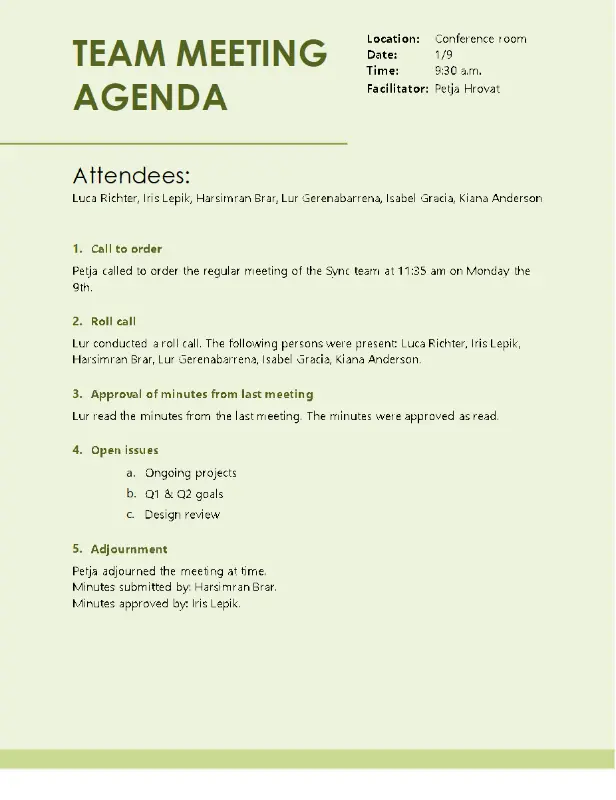 Team meeting agenda green modern simple