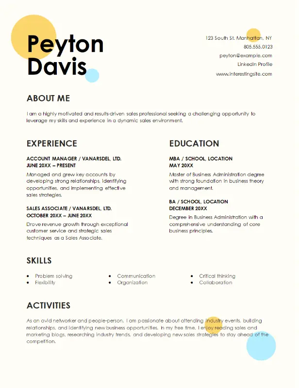 Creative sales resume yellow modern simple