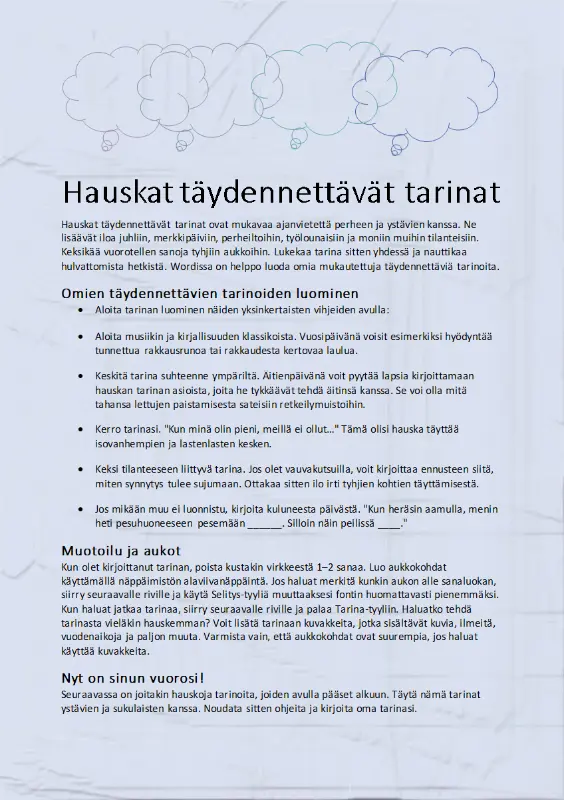 Hauska täytettävä tarina modern simple