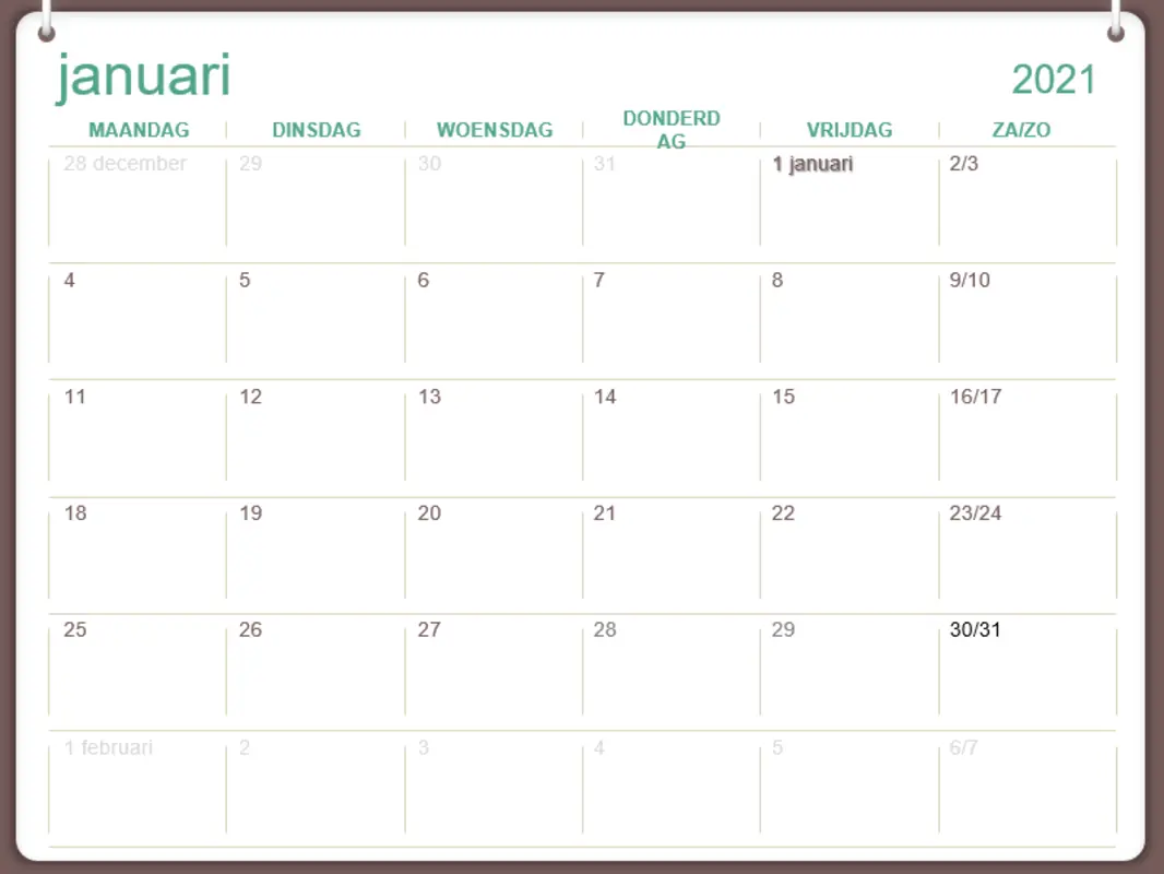 Klassieke muurkalender (ma-zo, twee ringen) green modern-simple