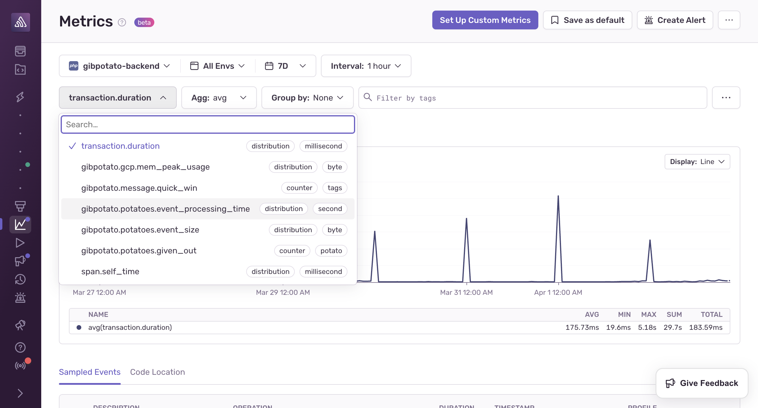 Let's explore the metric, gibpotato.potatoes.event_processing_time.