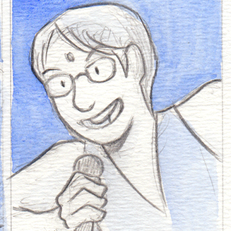 watercolor illustration of Sumana holding a mic