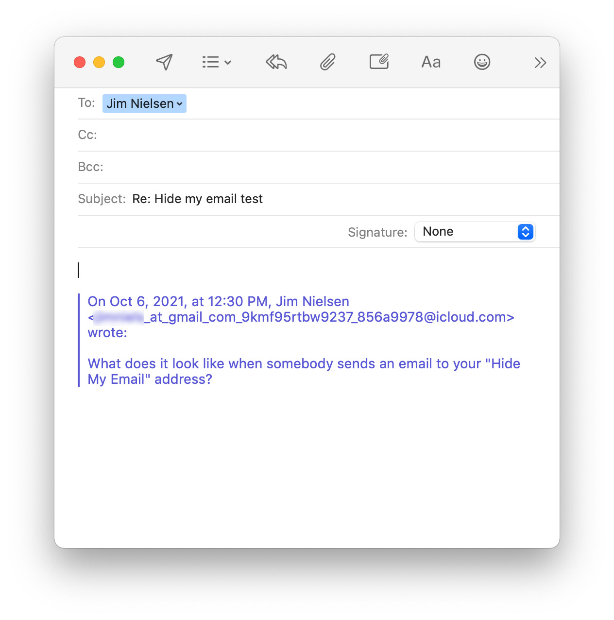 Screenshot of the “Reply” window UI in Apple Mail.