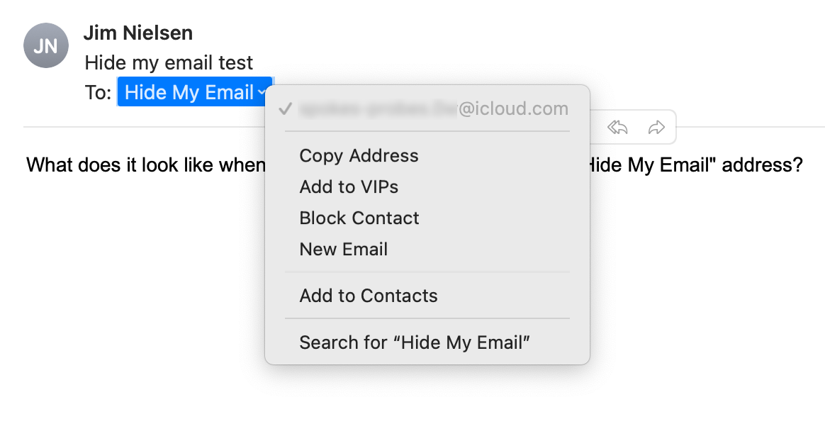 Screenshot of Apple Mail showing the email address context menu for the 'To' field.