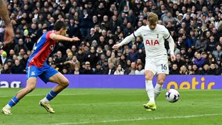 Tottenham's Timo Werner shoots to score the equalizing goal against Crystal Palace in the sides' March 2024 encounter.