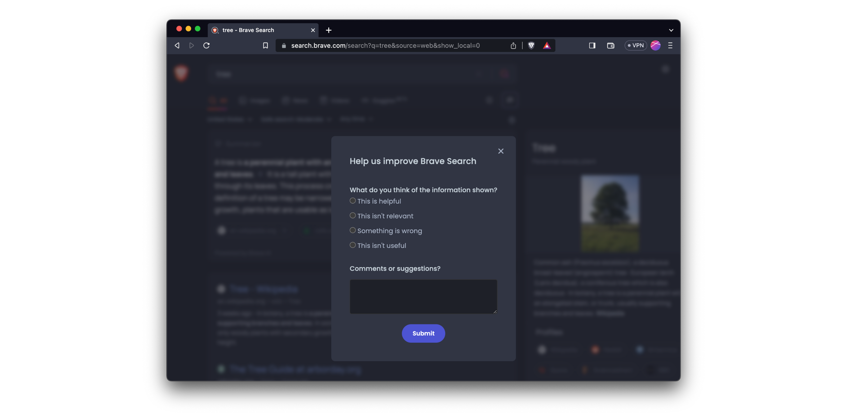 Brave Search feedback screenshot