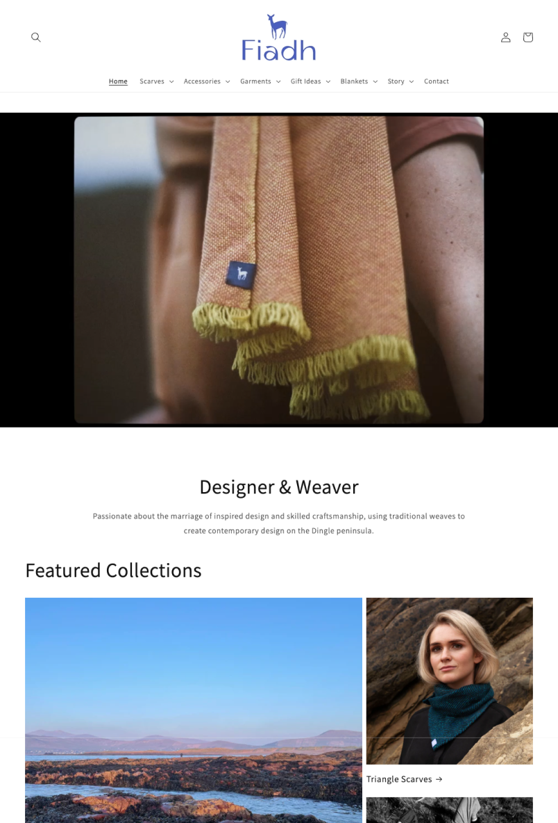 陸と海をテーマにした織物衣類を販売しているFiadhのウェブサイト