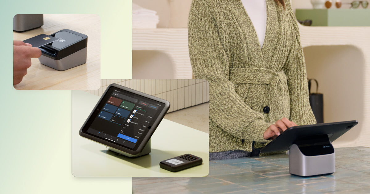 Layered images featuring a sales associate in a store using the Shopify POS at the counter, a product shot of the screen on the Shopify POS, and a close up shot of a customer’s hand making a payment on a card reader.