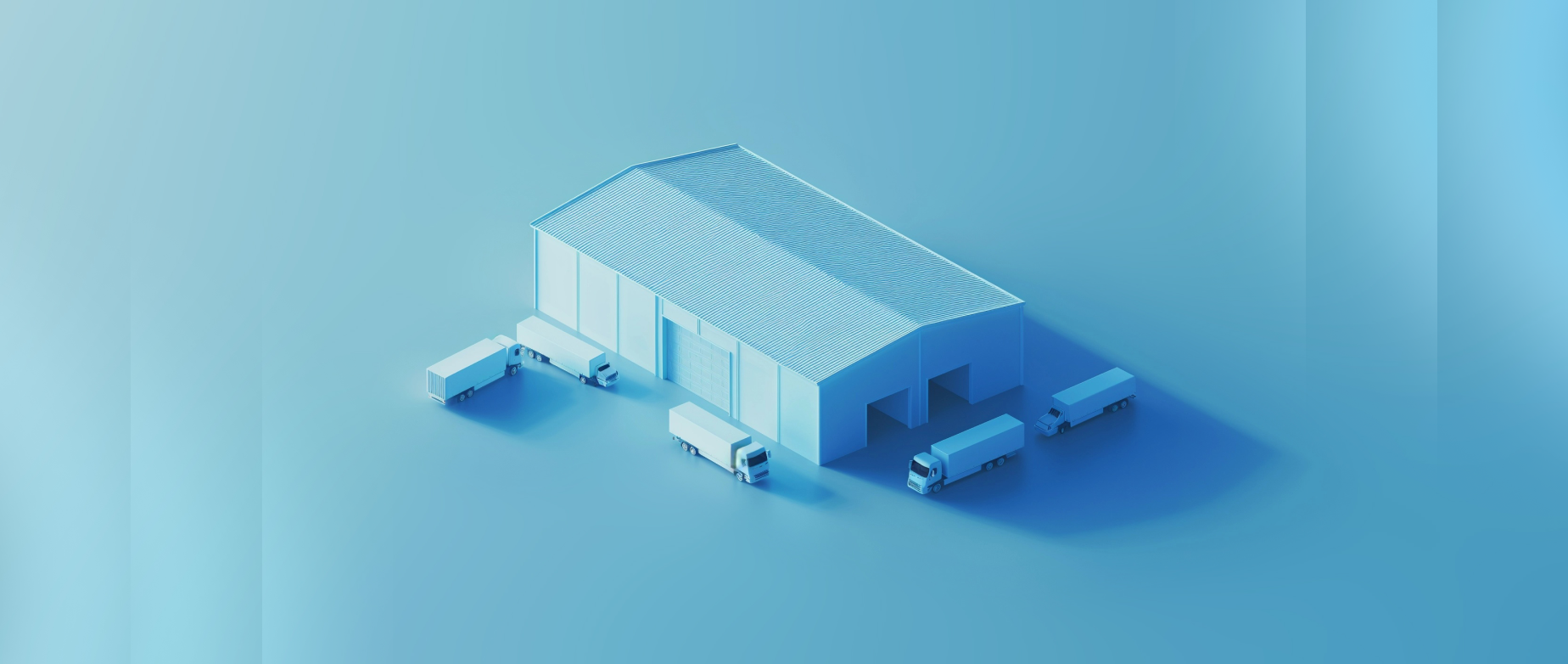 Isometric view of a 3PL warehouse with trucks parked outside on a blue background.