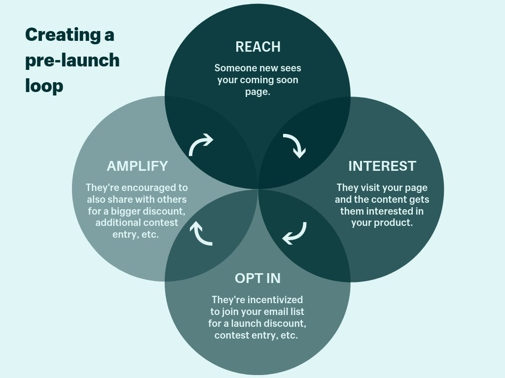 Venn diagram showing the four phases in a pre-launch loop: reach, interest, opt in, and amplify.