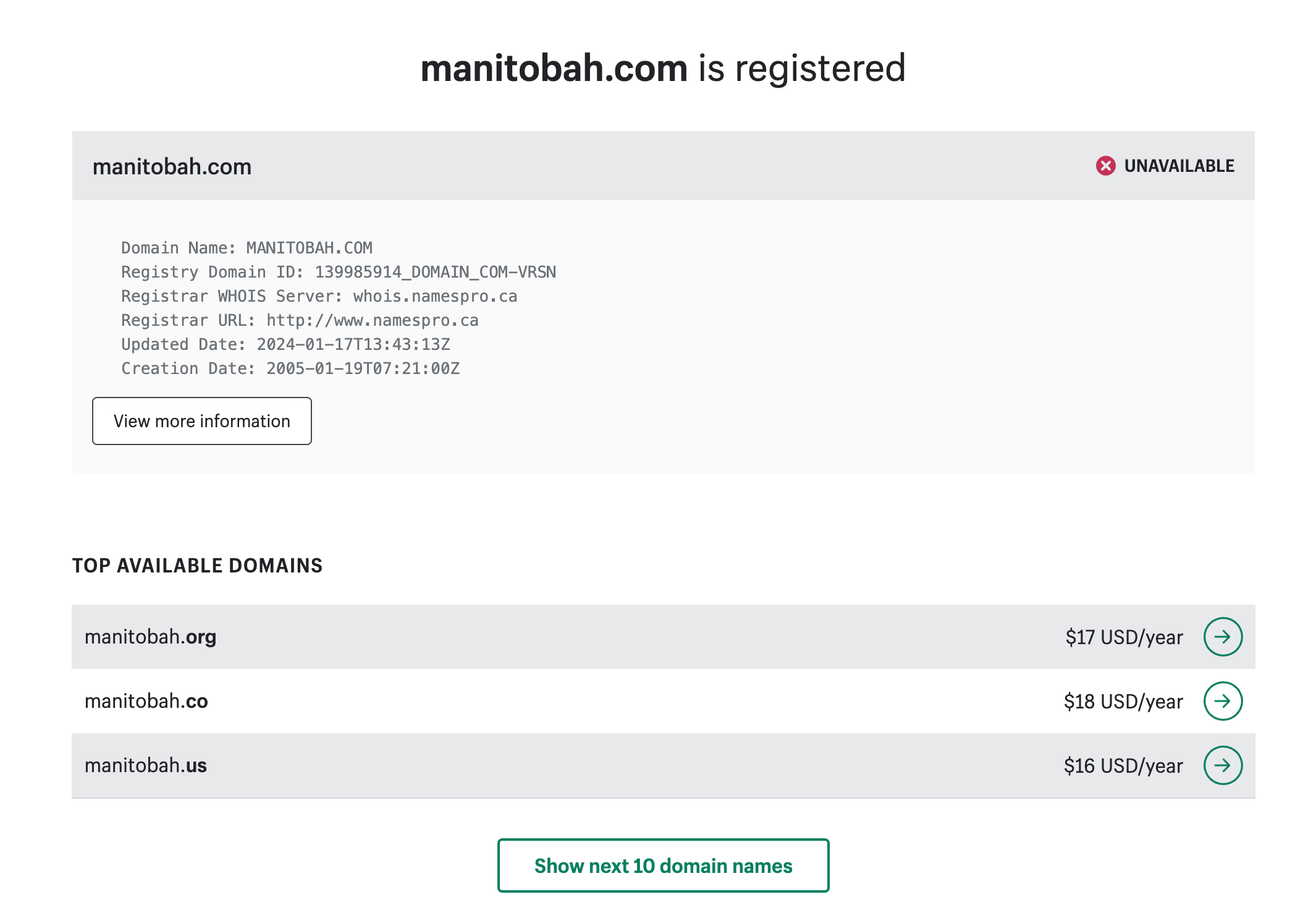 Domain history results for Manitobah.com from the Shopify WHOIS tool.