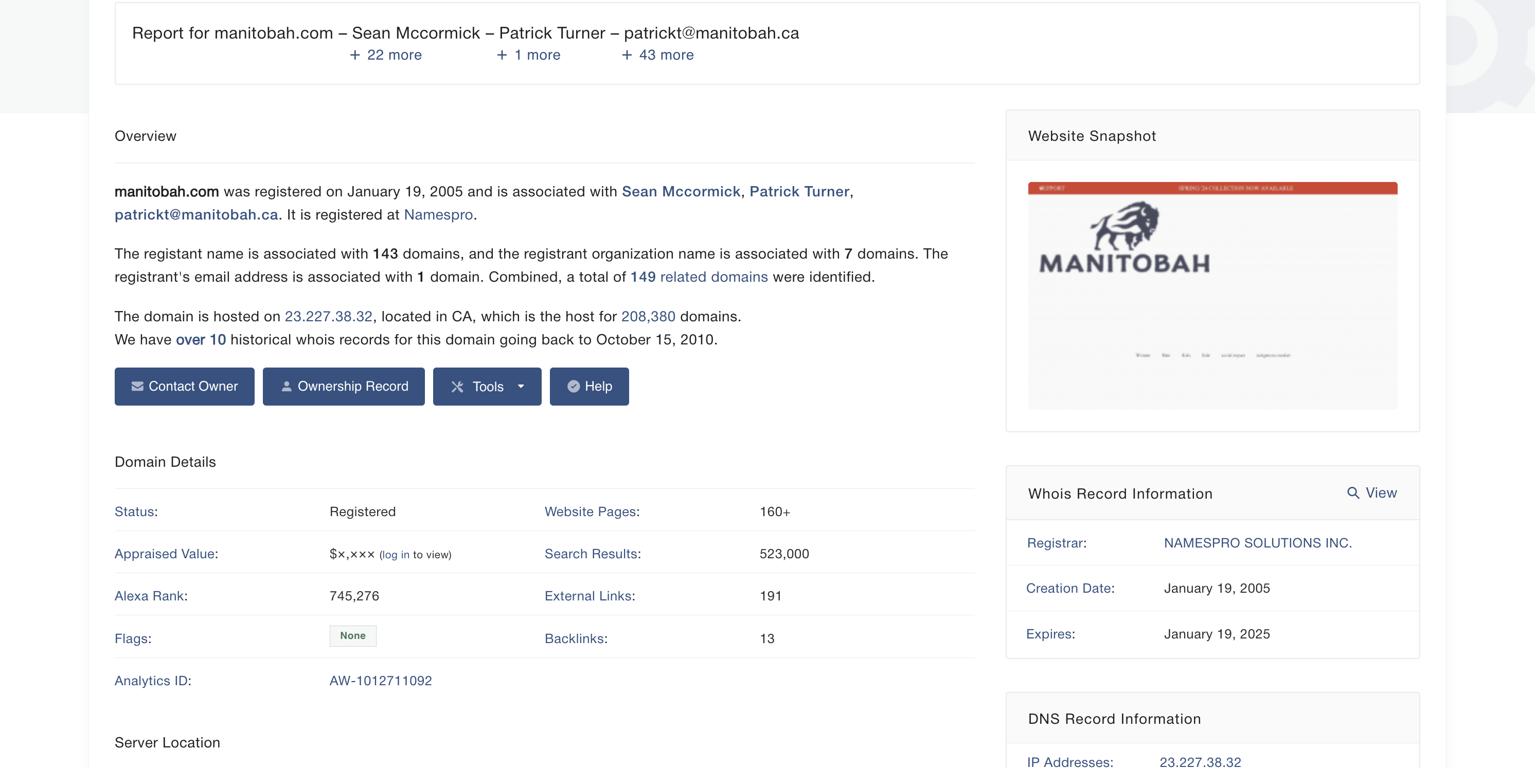 DomainIQ domain history for Manitobah.com.