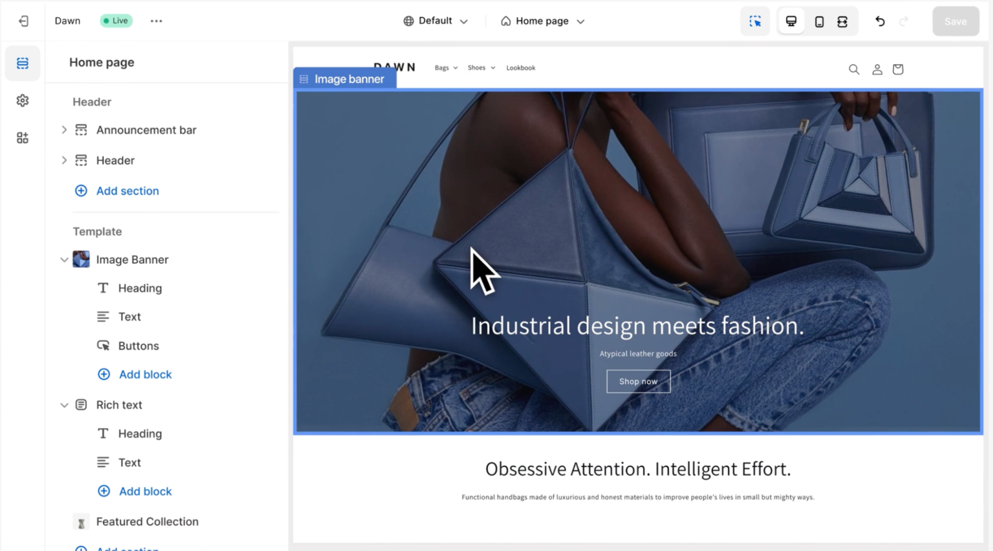 The Dawn Shopify theme is edited using the Shopify store builder