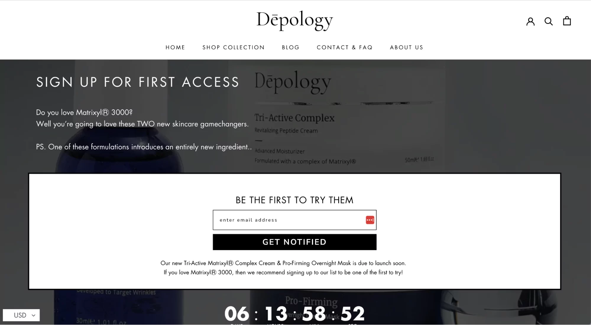 Coming Soon header on the Depology website with signup form and large countdown timer.