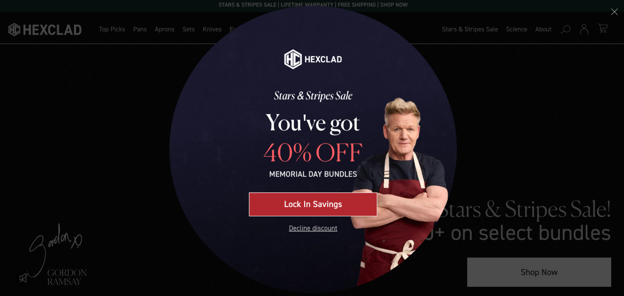 Pop-up on Hexclad website featuring Gordon Ramsay and limited-time 40% discount for subscribers