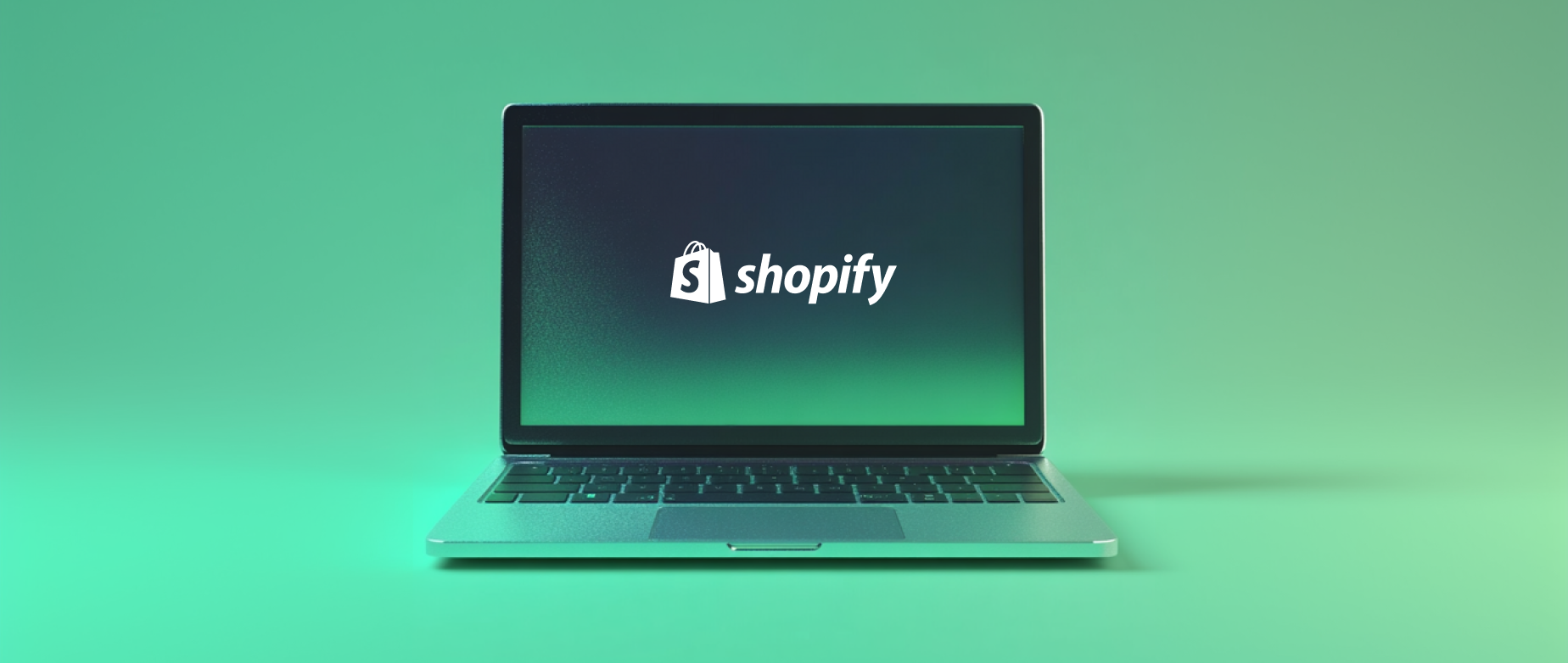 An animated image of an open laptop with its screen showing the Shopify logo