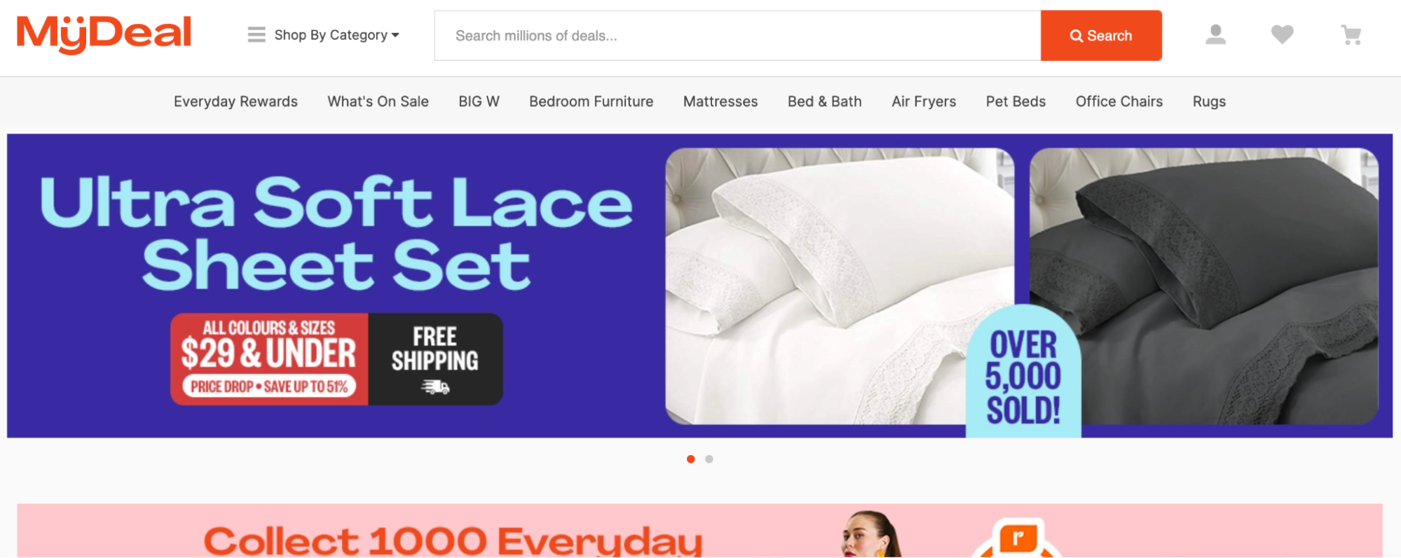 A banner ad for bed sheet sets below a navigation menu and search bar.