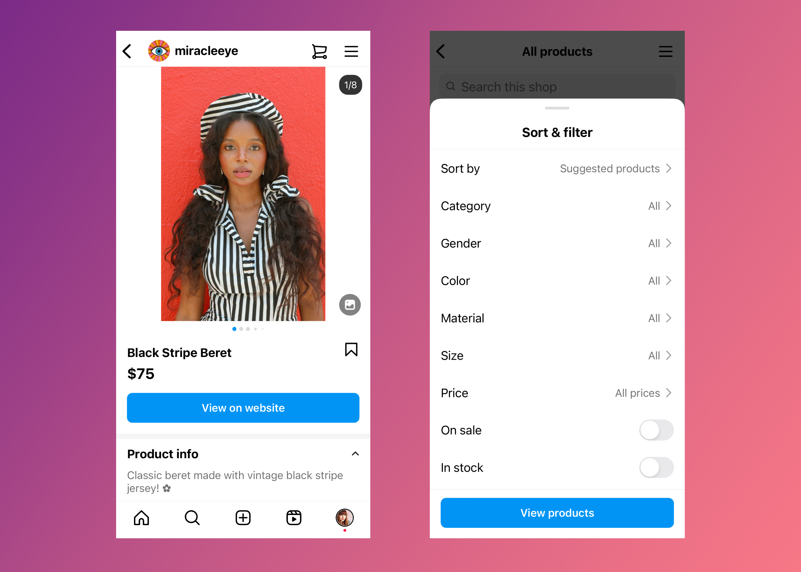 Side by side mobile screen shots showing an Instagram shop flow