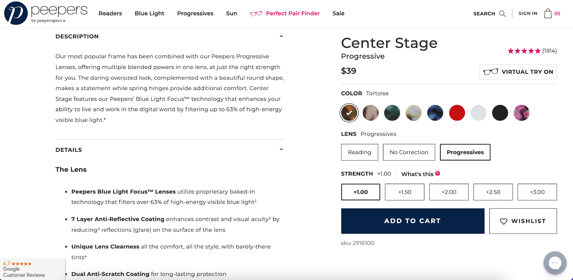 Peepers uses the space below the fold to share in-depth product information like lens details, measurements, and customer reviews.