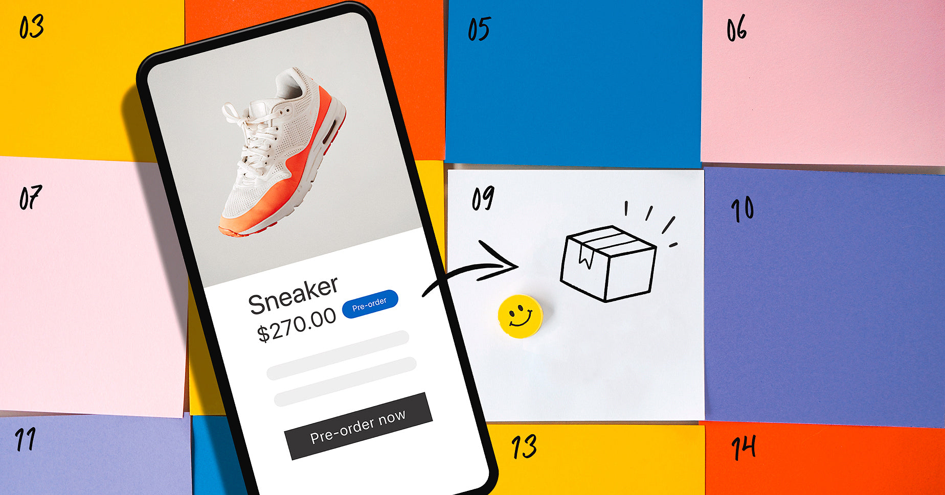 Phone showing a checkout for some sneakers is placed on a calender, representing a preorder.