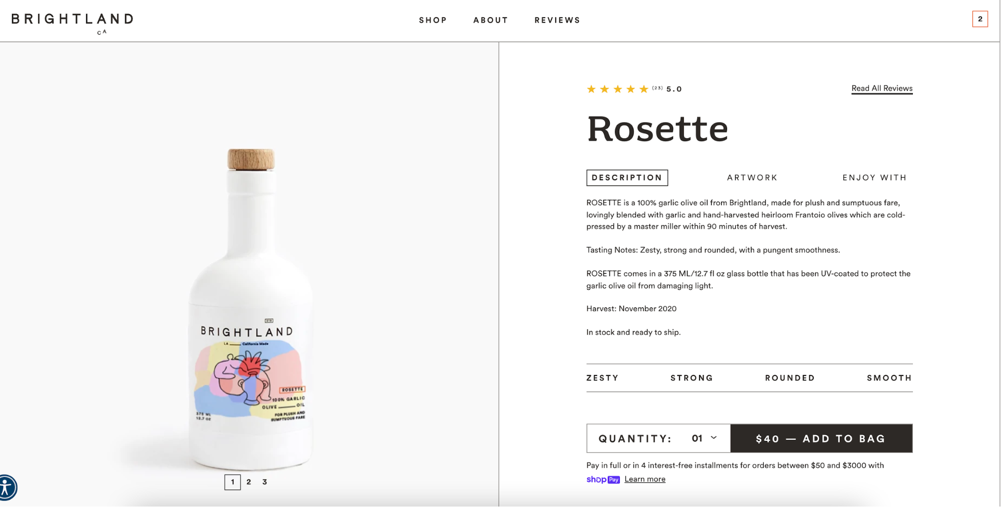 Product landing page for olive oil in a white bottle.