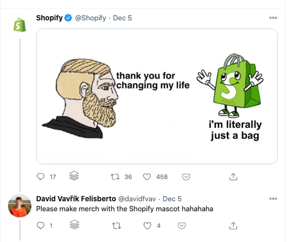 Tweet of a meme with Shoppy (a shopping bag with a face), with a fan asking for Shopify merch