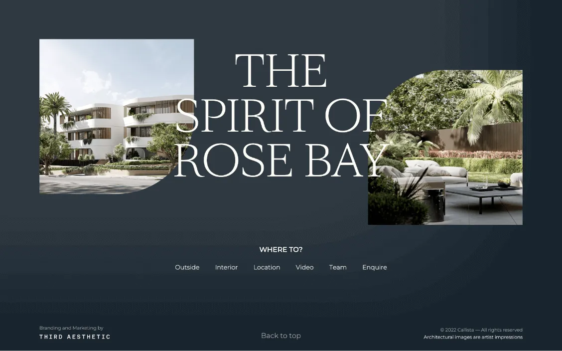 Website footer with the copy "The spirit of Rose Bay"