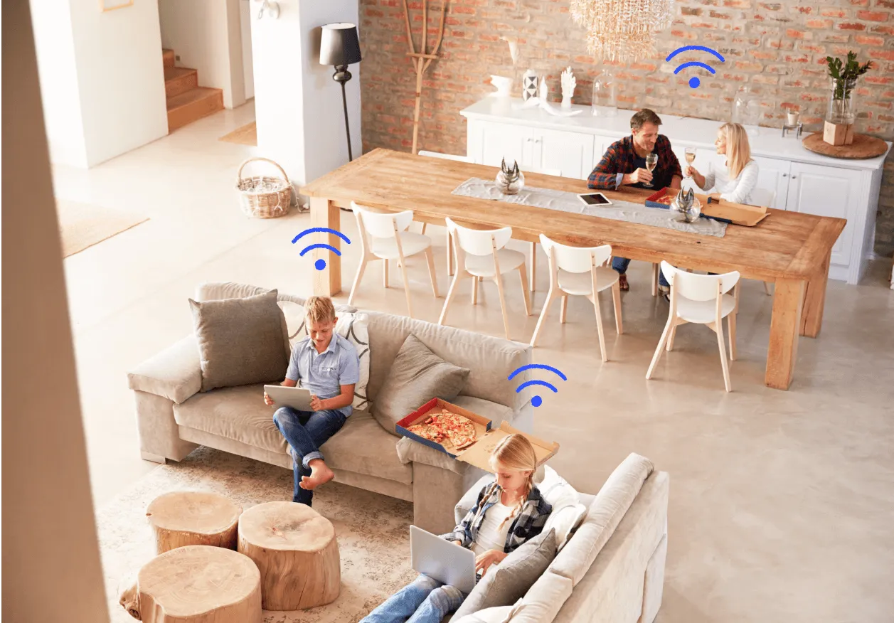 An expansive view of a family in their connected home, enjoying music and videos.