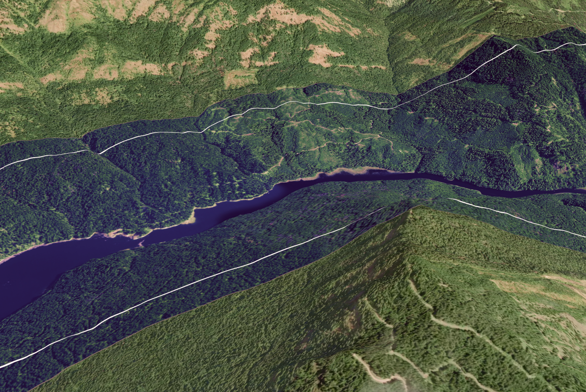 A screenshot of the Lens application with a truecolor satellite layer selected for the Dworshak Basin.