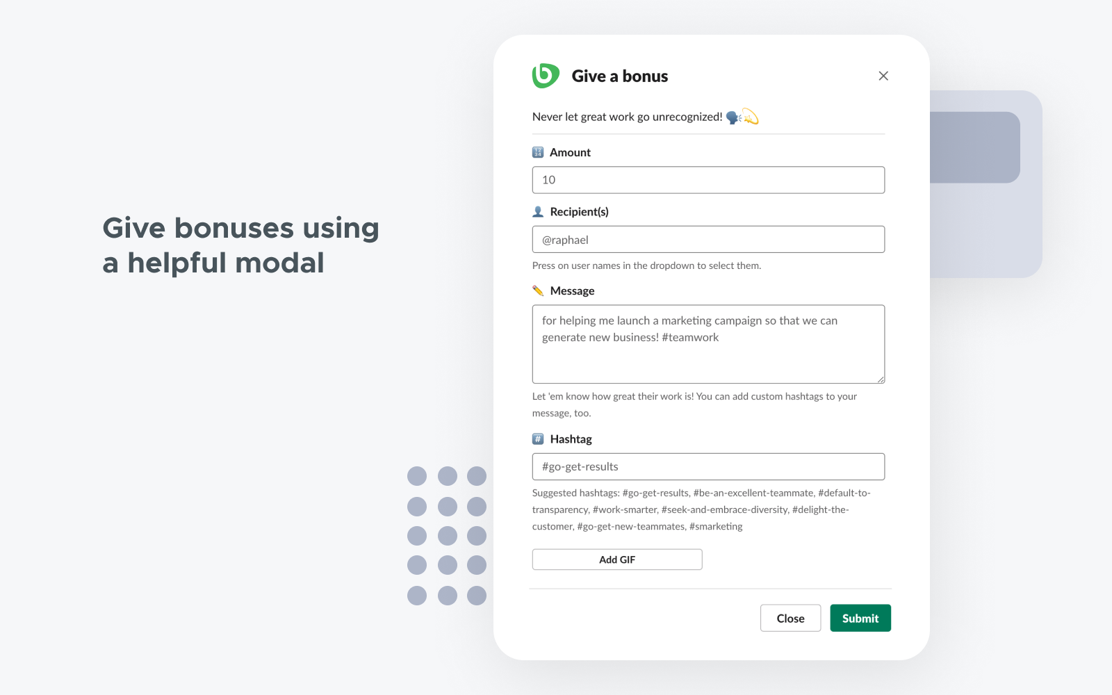 Give bonuses in Slack using a helpful modal