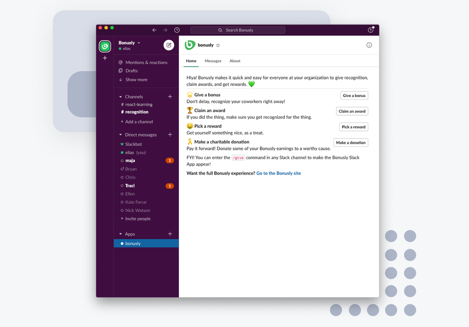 Bonusly's Slack app Home tab