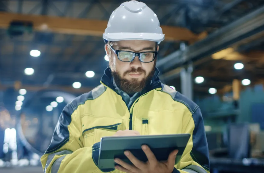 Man safety clothing using a digital tablet in a factory environment