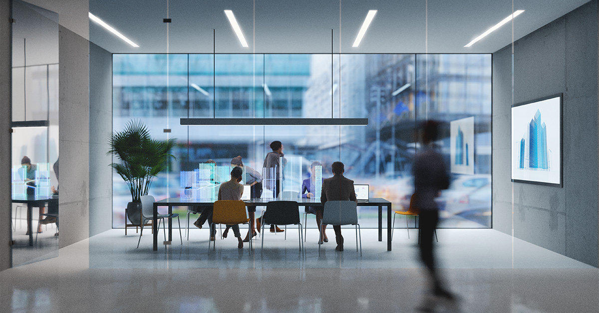 Zoomed out view of a a modern meeting room, with several people collaborating inside the room.