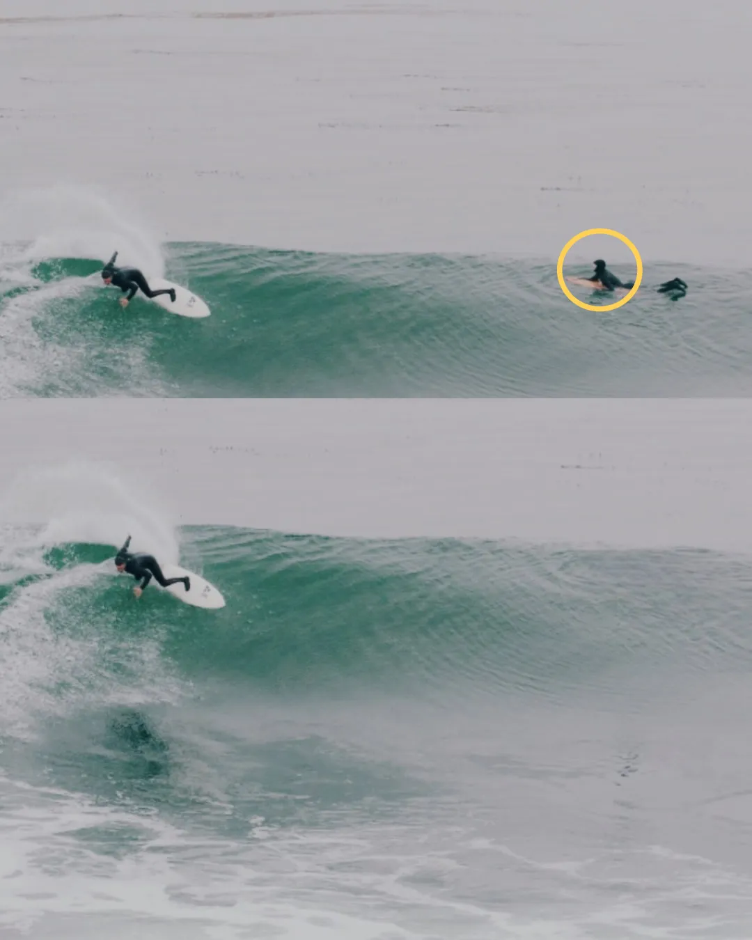 Before and after comparison of VSCO's AI Remove tool erasing second surfer from a wave